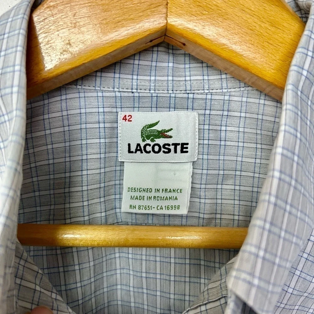 LACOSTE MENS STRIPED BUTTON DOWN SHIRT BLUE GRAY SIZE 42 Us L Minimalist classic